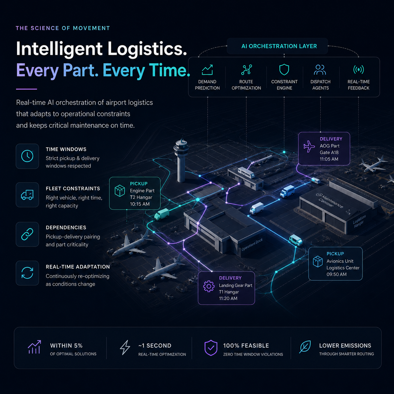 Intelligent airport logistics — real-time AI orchestration of Lufthansa Technik parts pickup and delivery with constraint-aware routing