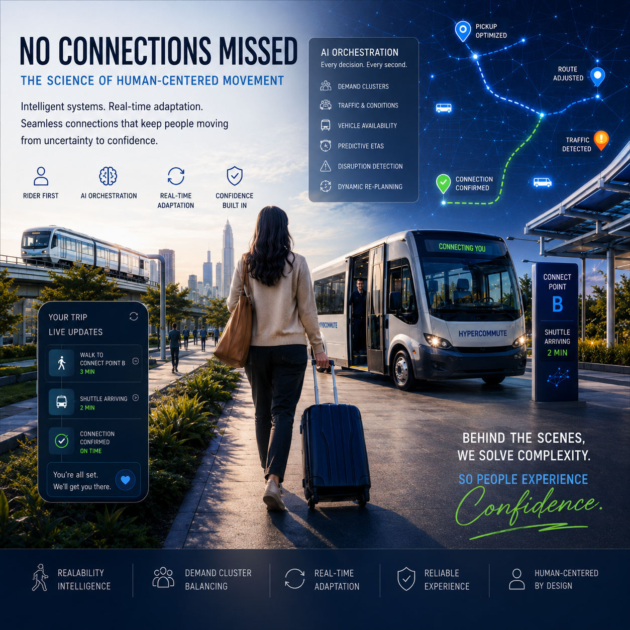 No Connections Missed — HyperCommute human-centered movement with AI orchestration, live trip updates, and seamless rider connections